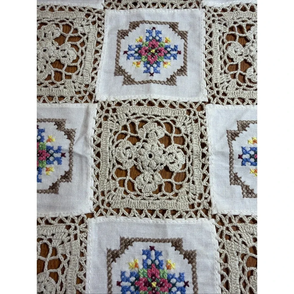 Vtg Hand Cross Stitch Embroidery Crochet Lace Patch Cotton Beige Topper 12x17